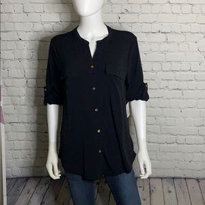 Ellen Tracy Black Button Down Top Large V Neck